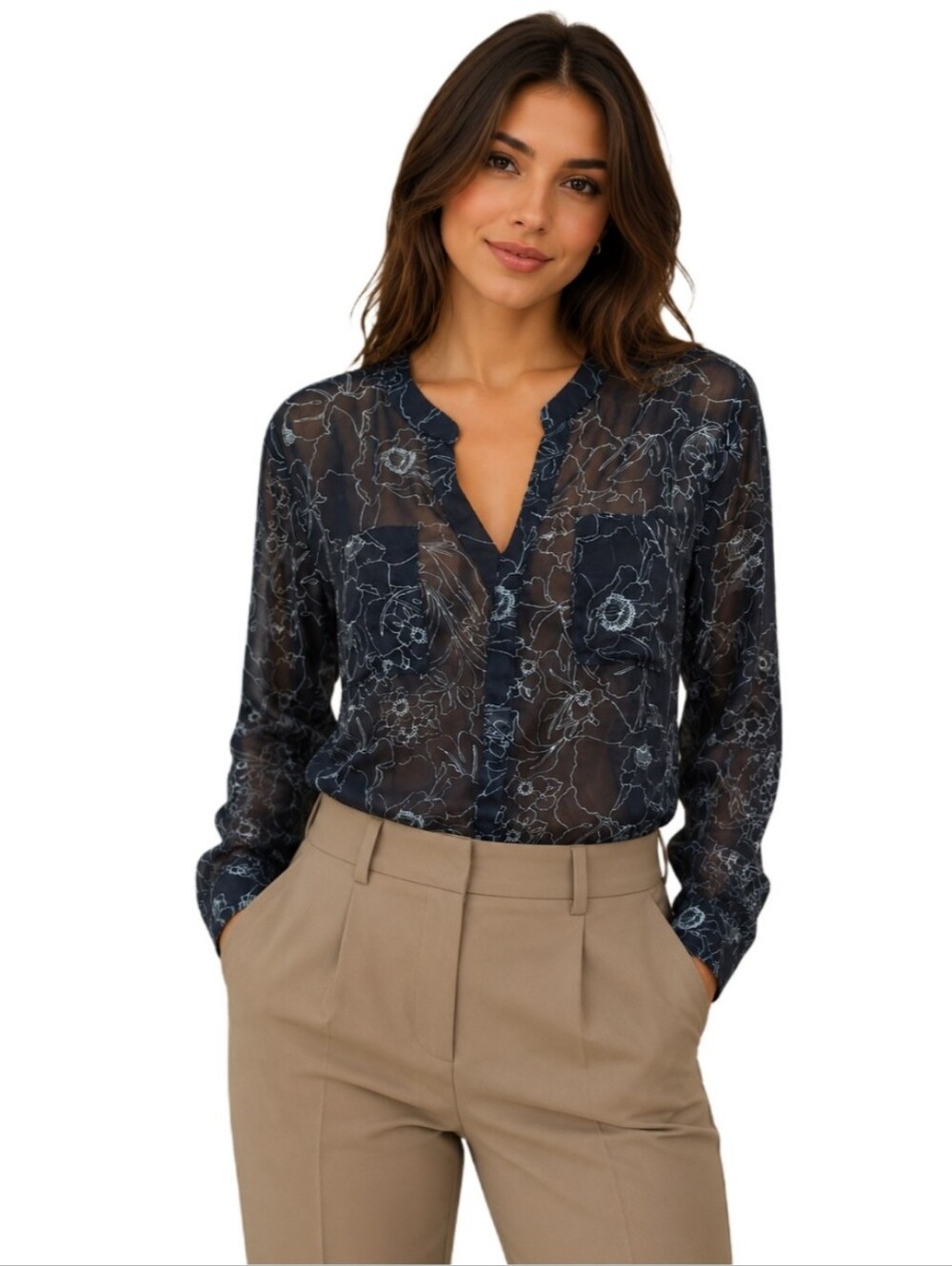LOFT Ann Taylor Floral Sheer Split-Neck Long Sleeve Blouse - Picture 2 of 9